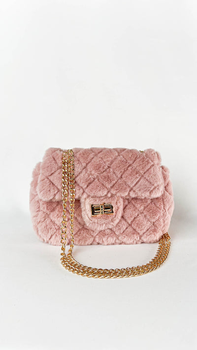 Dusty Blush Faux Fur Quilted Chain Strap Purse