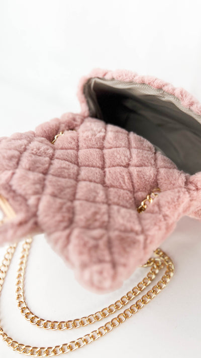 Dusty Blush Faux Fur Quilted Chain Strap Purse