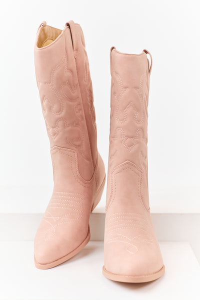 Dusty Blush Faux Leather Pointed Toe Western Boots
