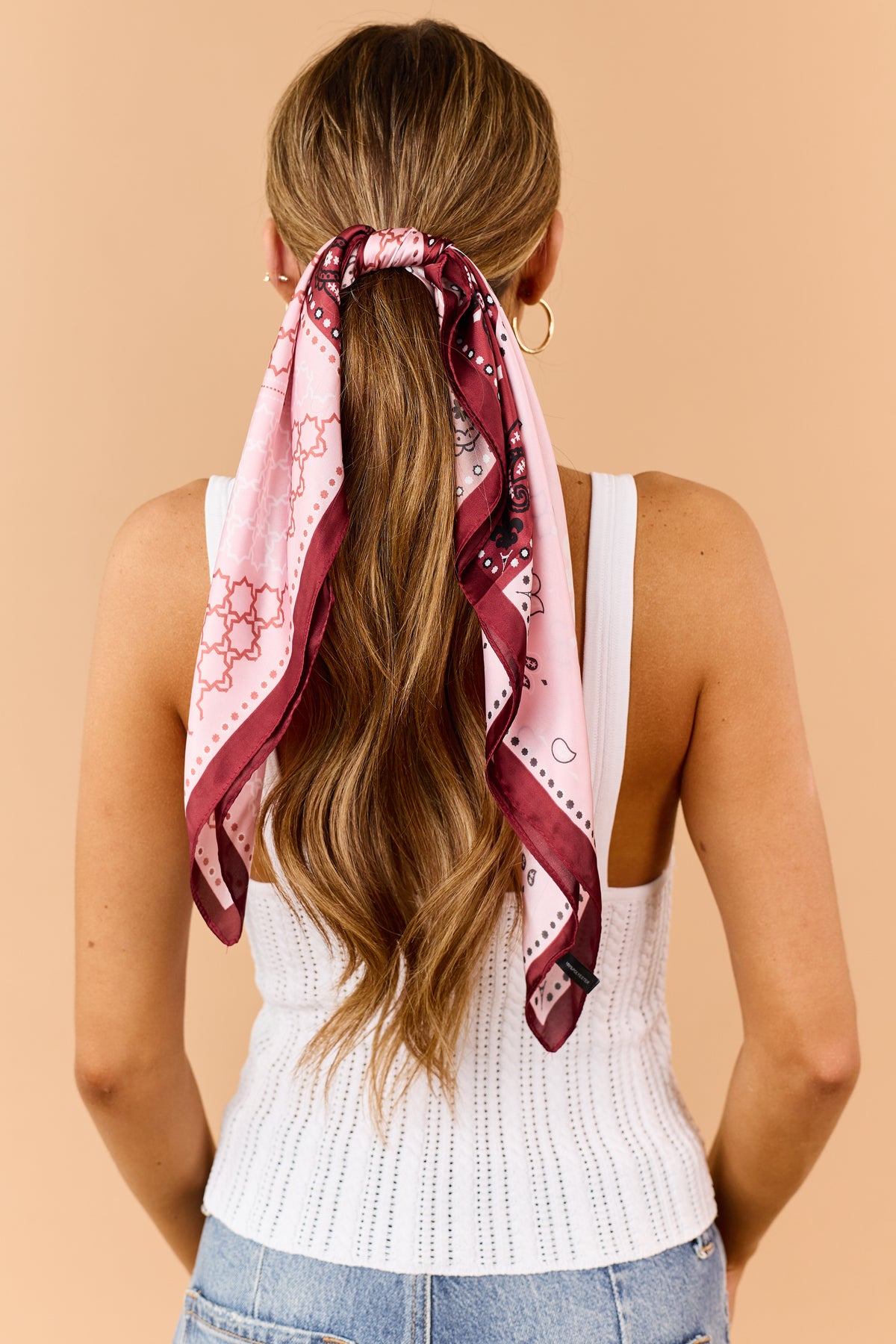 Dusty Blush Satin Paisley Colorblock Bandana Scarf