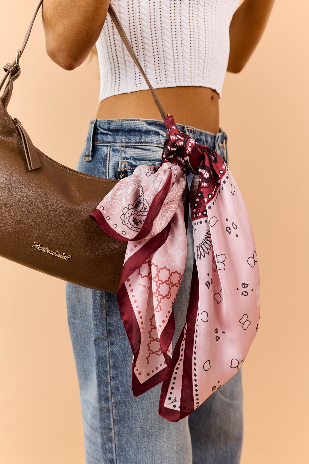Dusty Blush Satin Paisley Colorblock Bandana Scarf