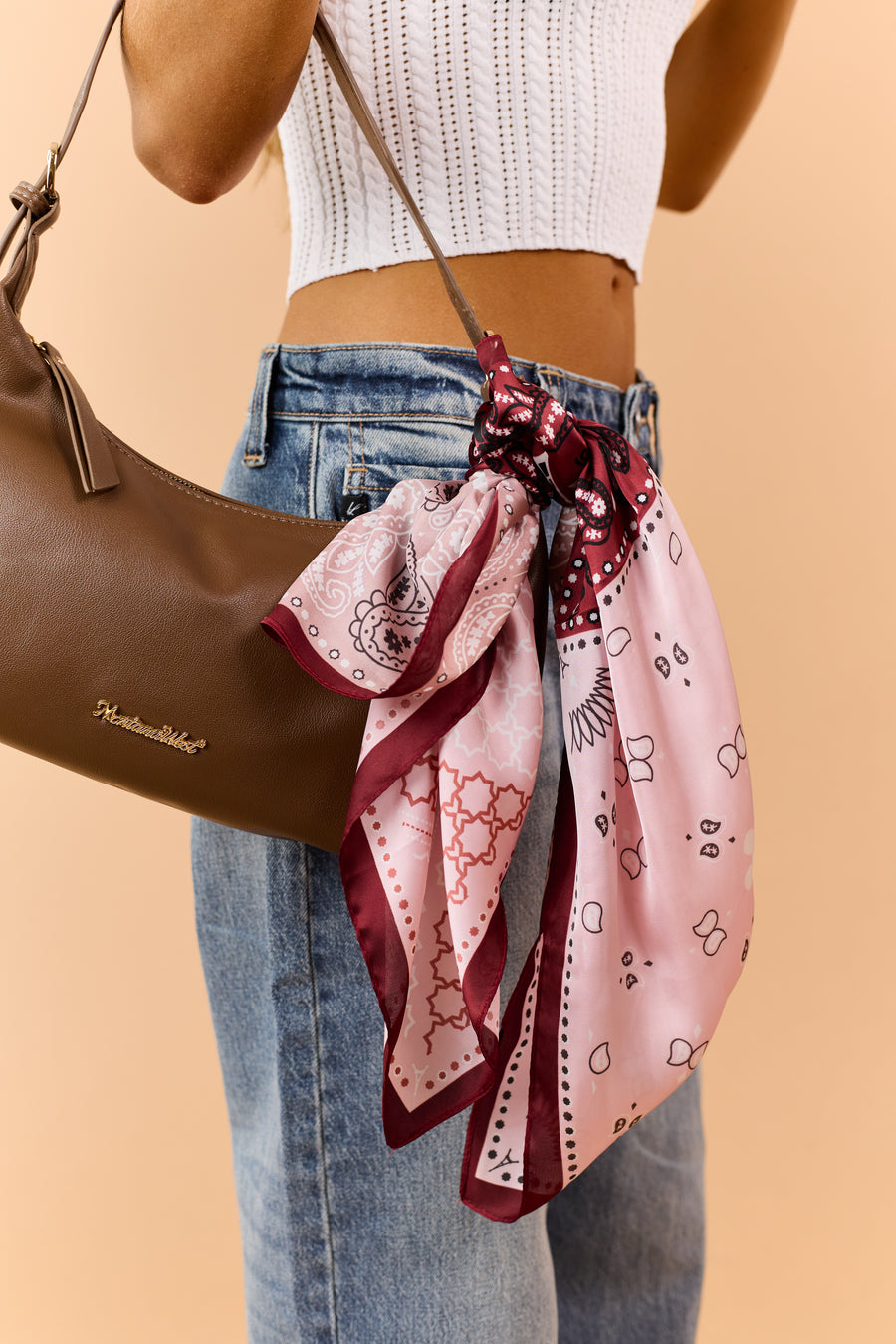 Dusty Blush Satin Paisley Colorblock Bandana Scarf
