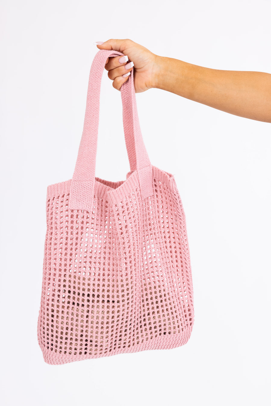Dusty Pink Pointelle Crochet Knit Tote Bag