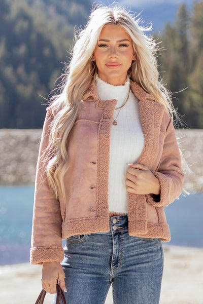 Dusty Rose Faux Suede Sherpa Lined Jacket | Lime Lush Boutique