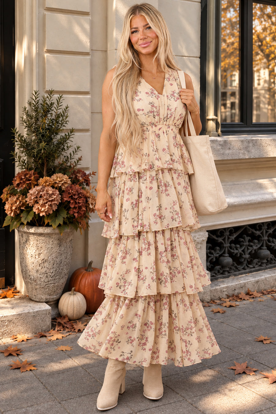 Dusty Sand Floral Tiered Chiffon V-Neck Maxi Dress
