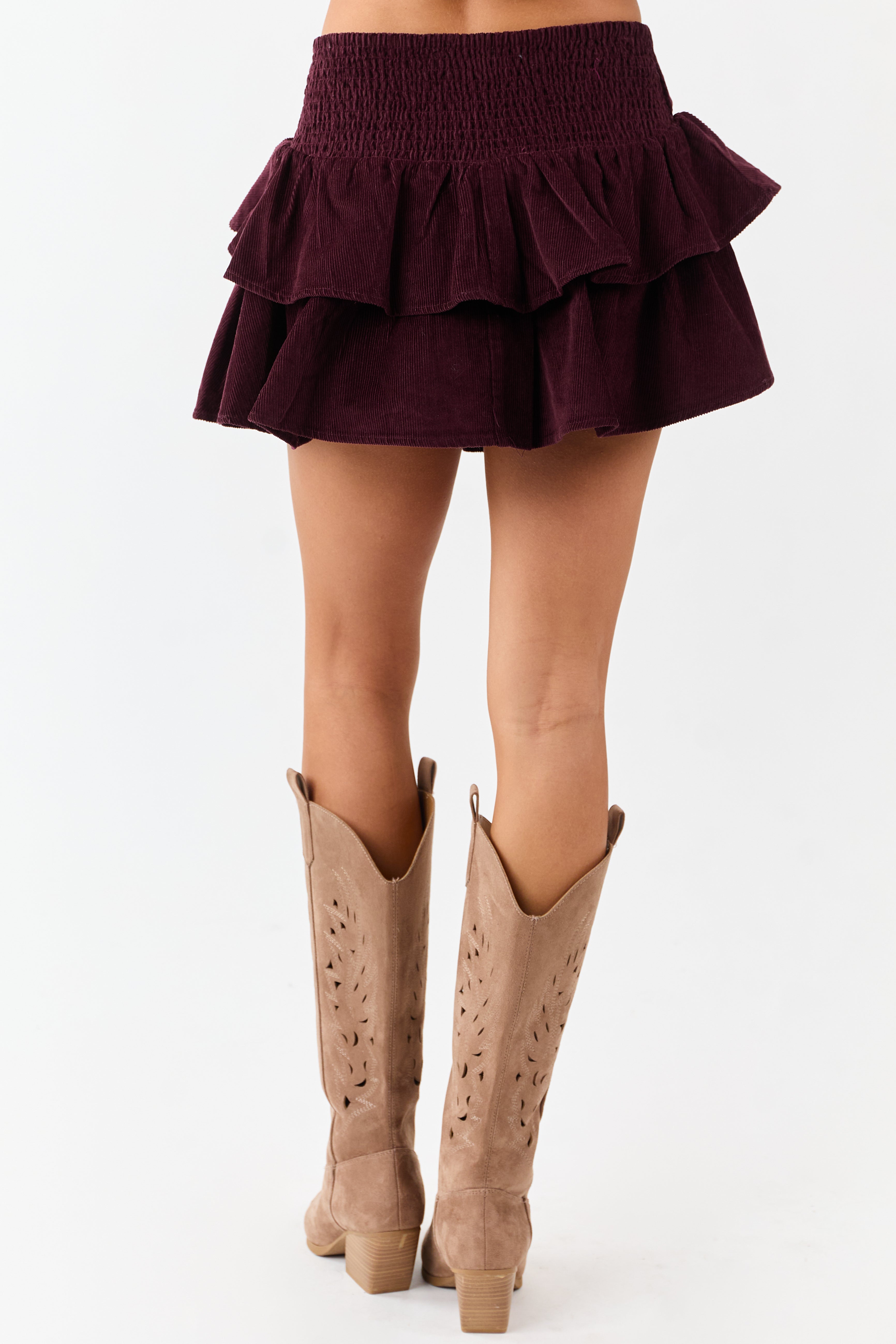 Eggplant Corduroy Ruffle Tiered Mini Skort