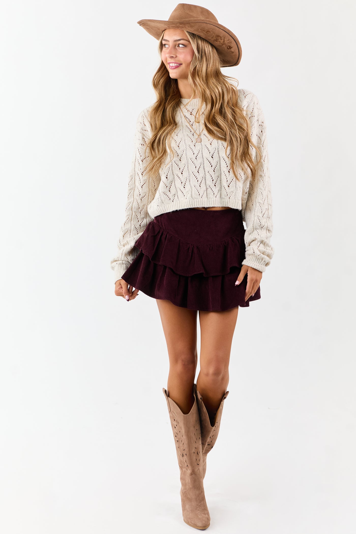 Eggplant Corduroy Ruffle Tiered Mini Skort