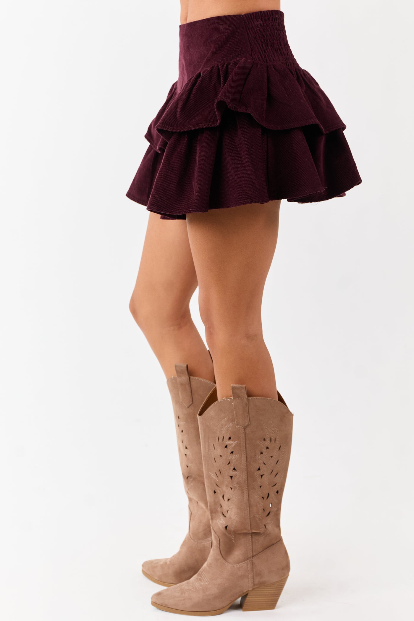 Eggplant Corduroy Ruffle Tiered Mini Skort