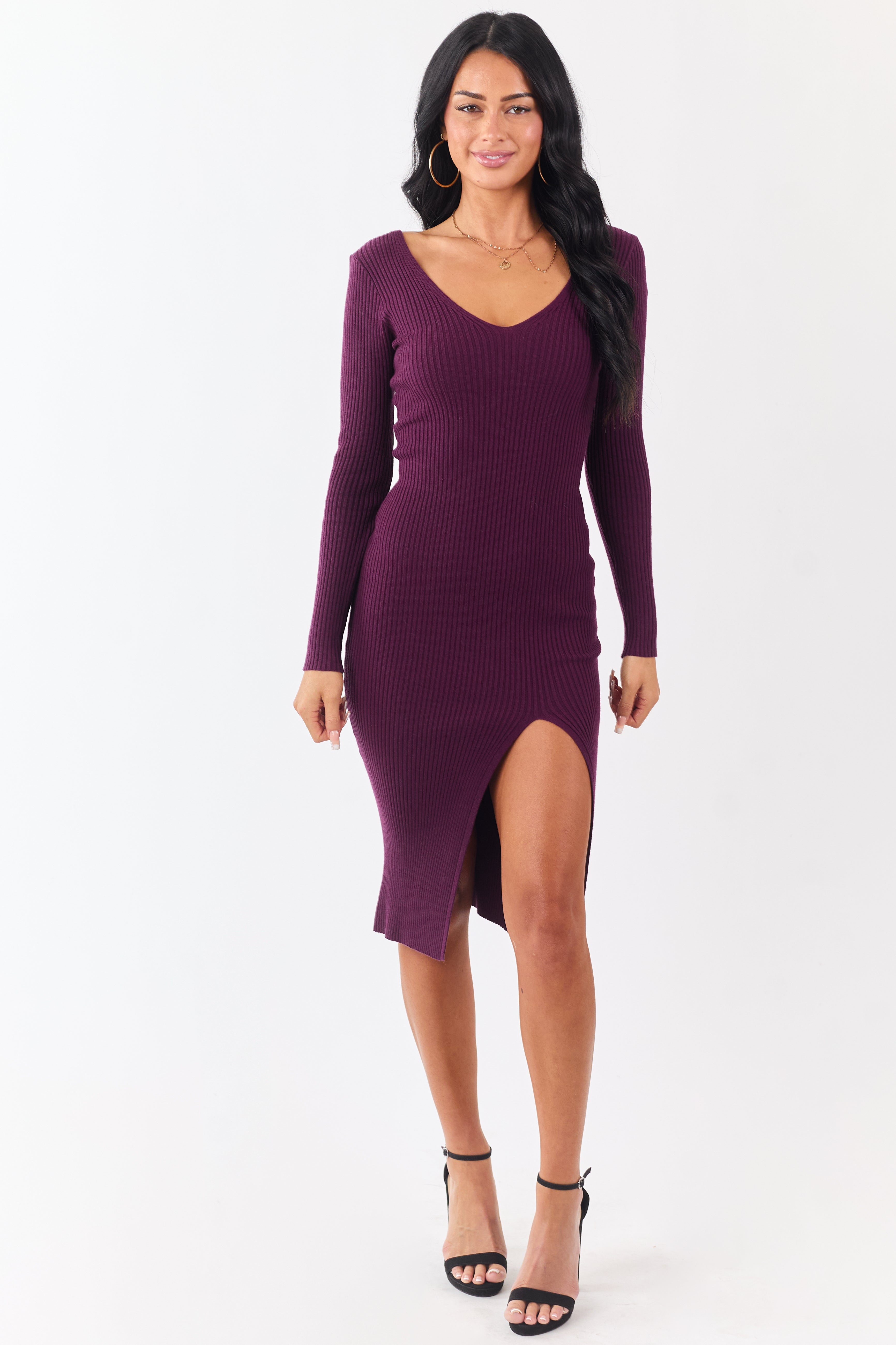 Eggplant Front Slit V Neck Bodycon Midi Dress