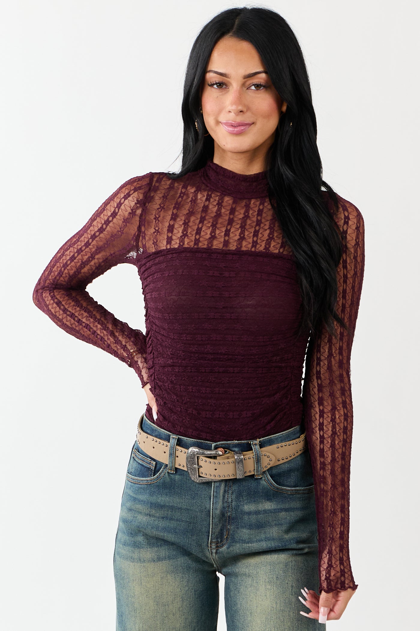 Eggplant Mesh Lace Ruched Long Sleeve Bodysuit