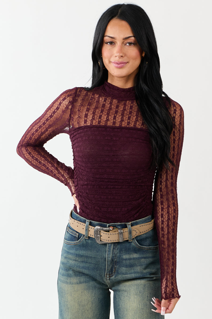 Eggplant Mesh Lace Ruched Long Sleeve Bodysuit