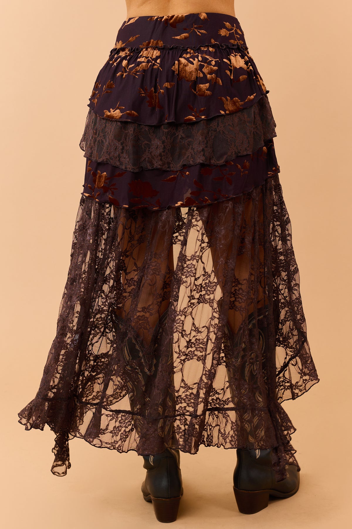 Eggplant Mixed Floral Lace Tiered High Low Maxi Skort