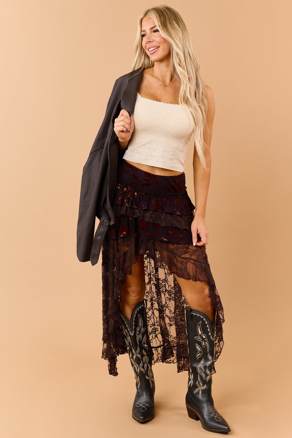 Eggplant Mixed Floral Lace Tiered High Low Maxi Skort