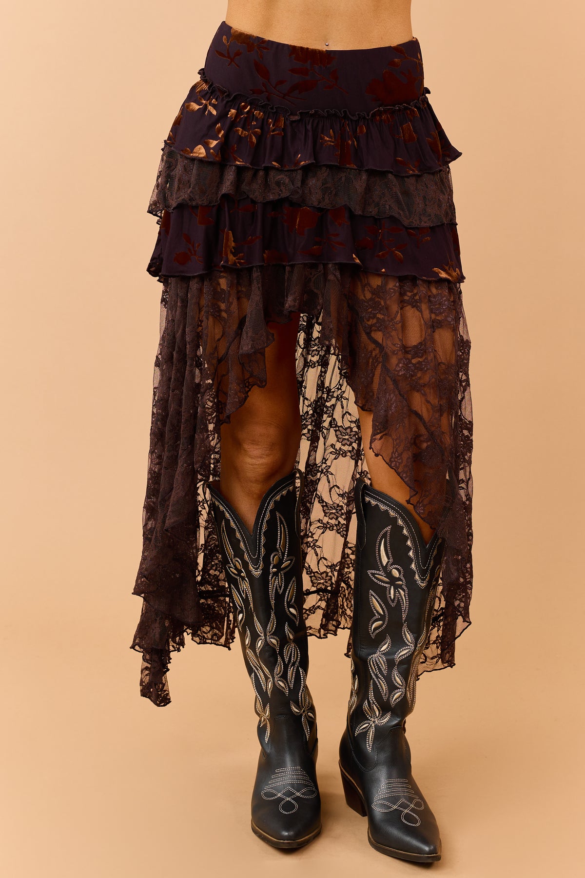 Eggplant Mixed Floral Lace Tiered High Low Maxi Skort