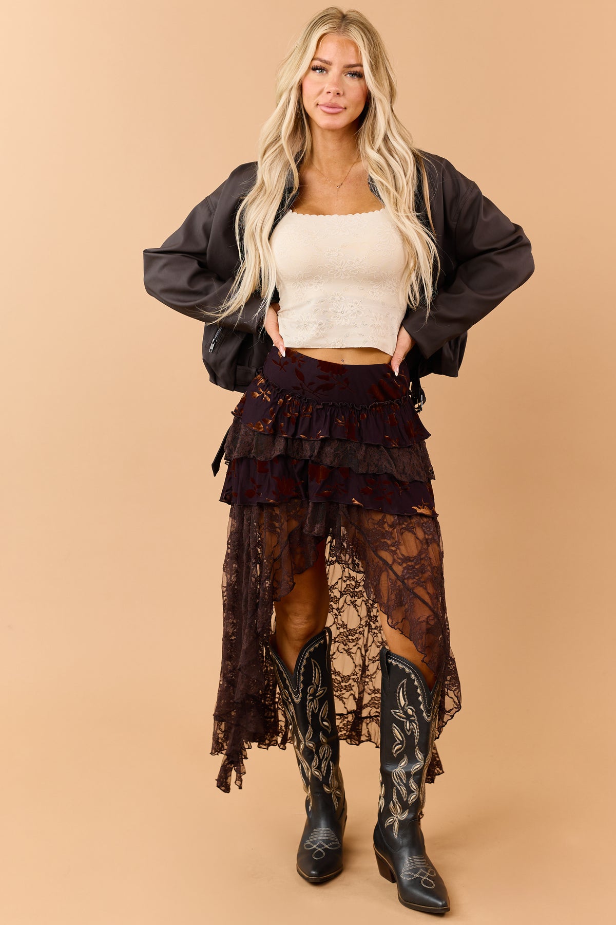 Eggplant Mixed Floral Lace Tiered High Low Maxi Skort