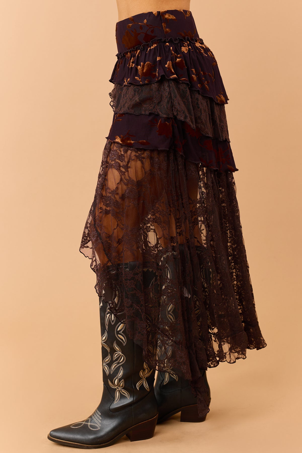 Eggplant Mixed Floral Lace Tiered High Low Maxi Skort