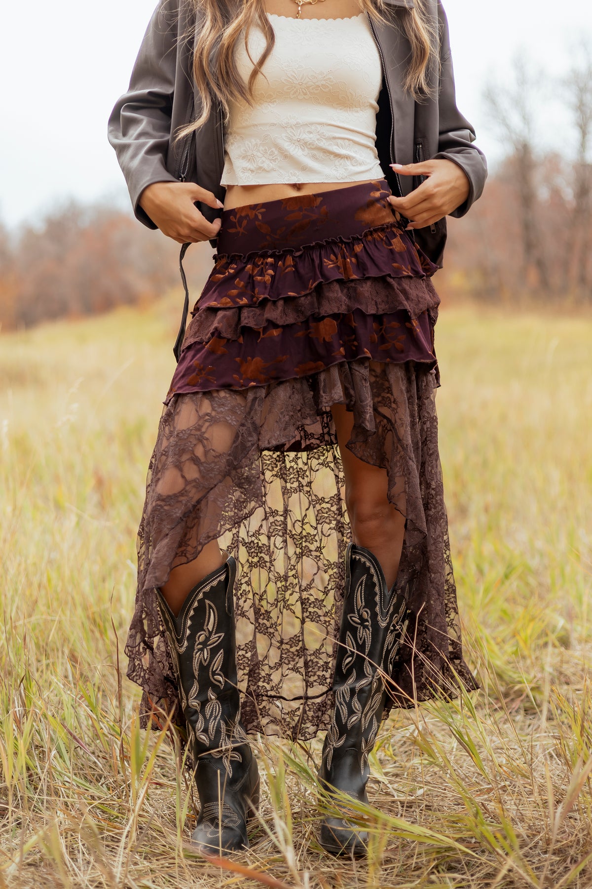 Eggplant Mixed Floral Lace Tiered High Low Maxi Skort