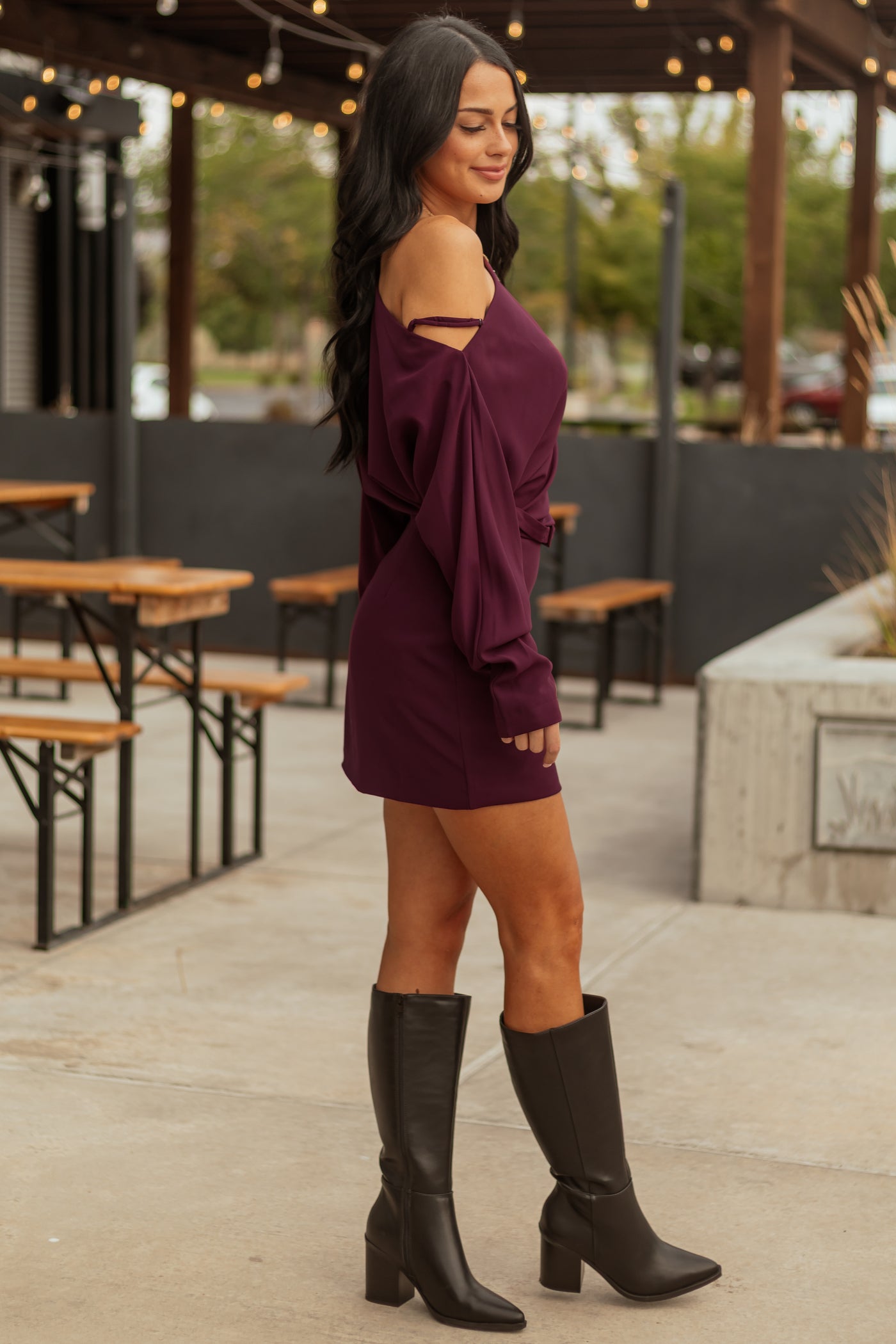 Eggplant One Shoulder Blouson Bodice Mini Dress Eggplant One Shoulder Blouson Bodice Mini Dress