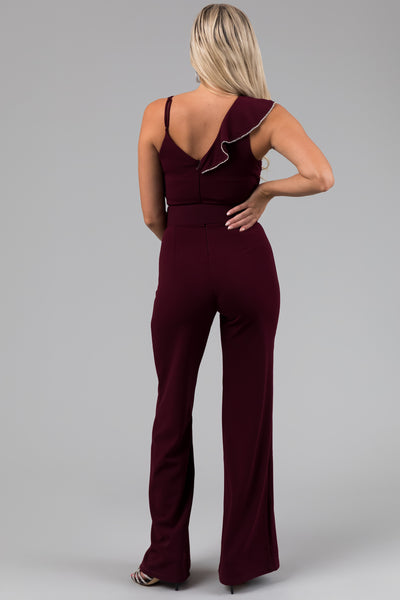 Eggplant Ruffle Sleeve Rhinestone Jumpsuit