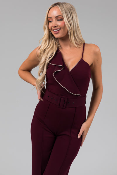 Eggplant Ruffle Sleeve Rhinestone Jumpsuit