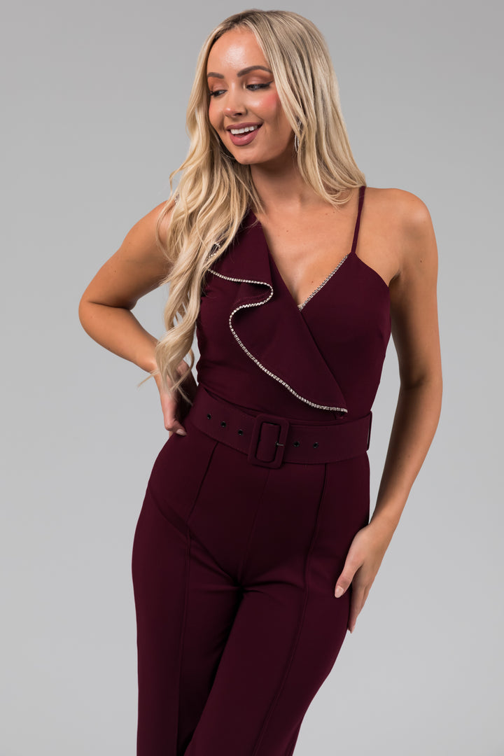 Eggplant Ruffle Sleeve Rhinestone Jumpsuit