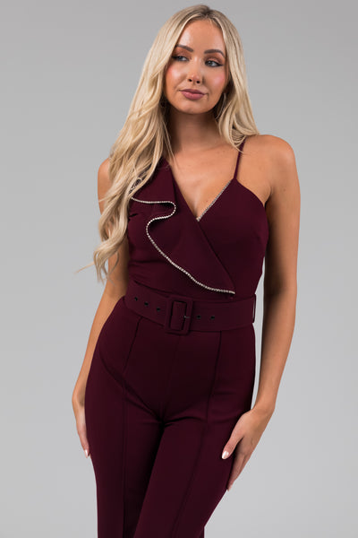 Eggplant Ruffle Sleeve Rhinestone Jumpsuit