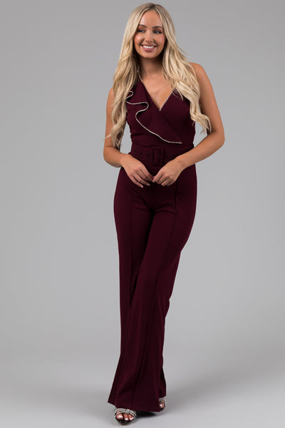 Eggplant Ruffle Sleeve Rhinestone Jumpsuit