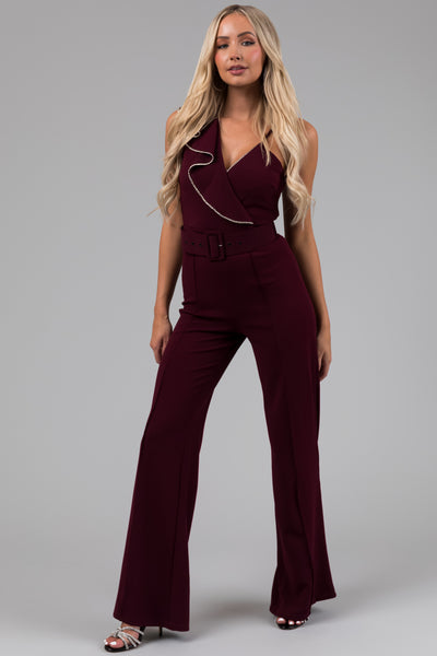 Eggplant Ruffle Sleeve Rhinestone Jumpsuit