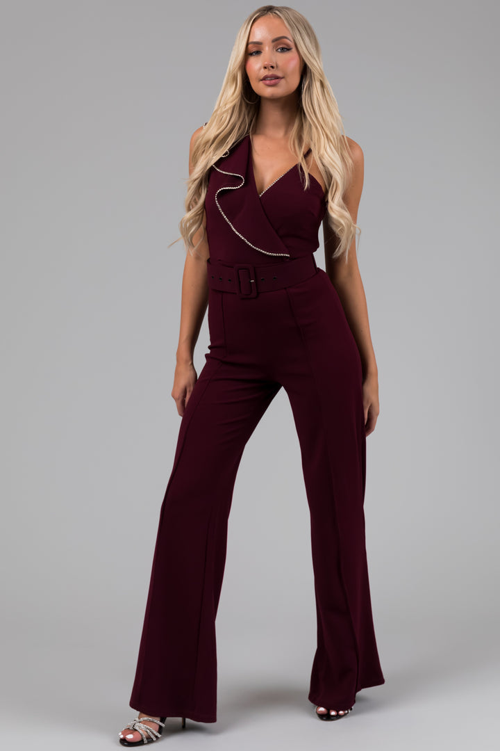 Eggplant Ruffle Sleeve Rhinestone Jumpsuit