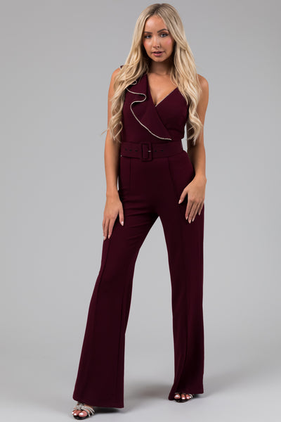 Eggplant Ruffle Sleeve Rhinestone Jumpsuit