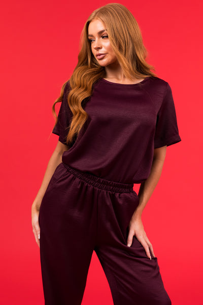 Eggplant Satin Blouse and Wide Leg Pants Set