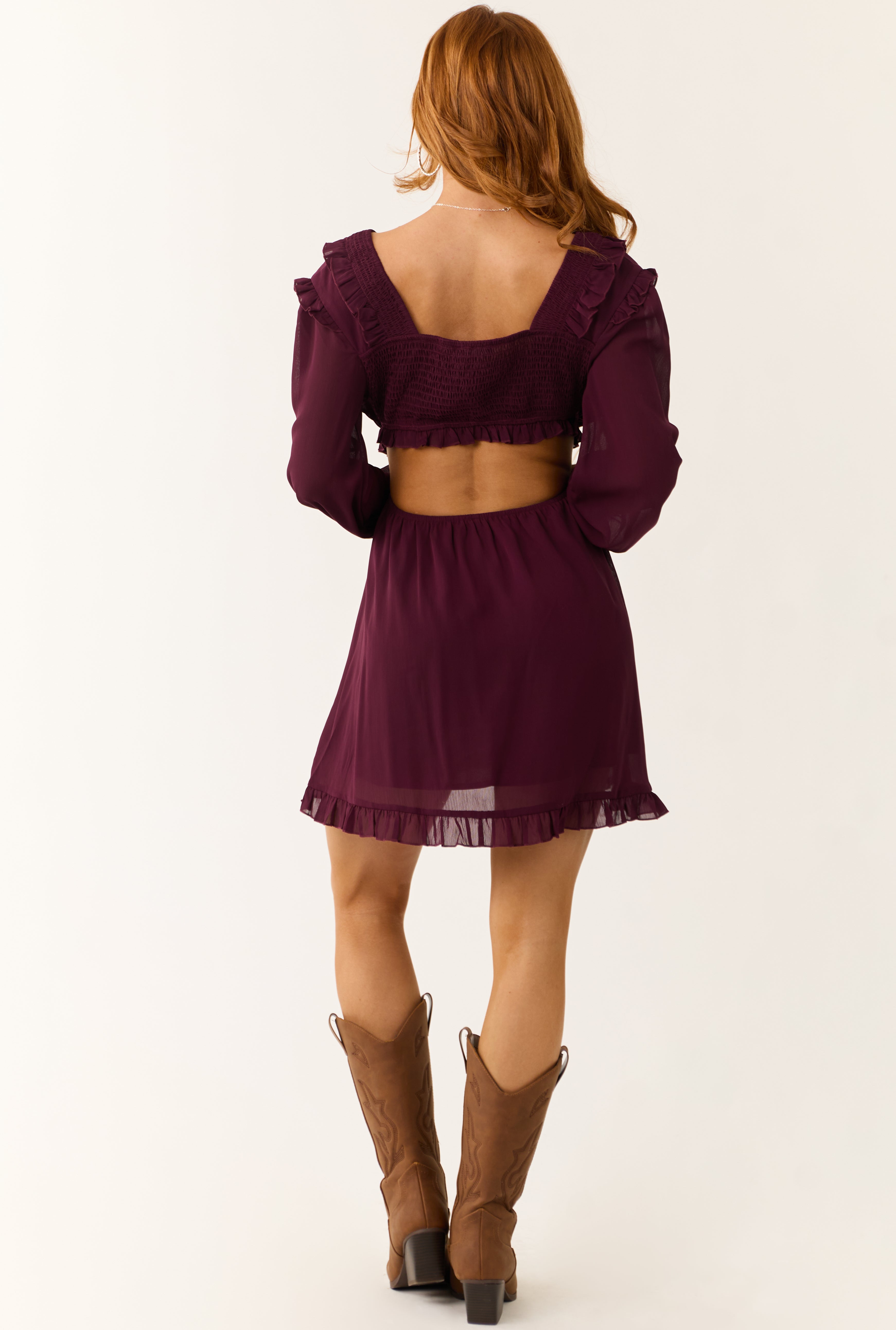eggplant dress Eggplant Smocked Ruffle Long Sleeve Mini Dress
