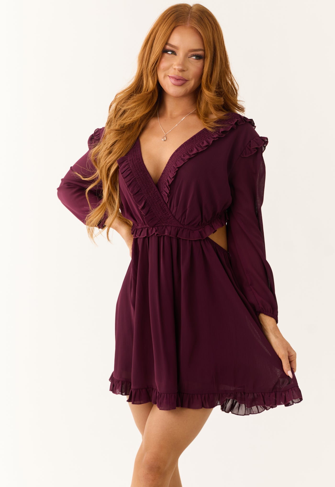 eggplant dress Eggplant Smocked Ruffle Long Sleeve Mini Dress