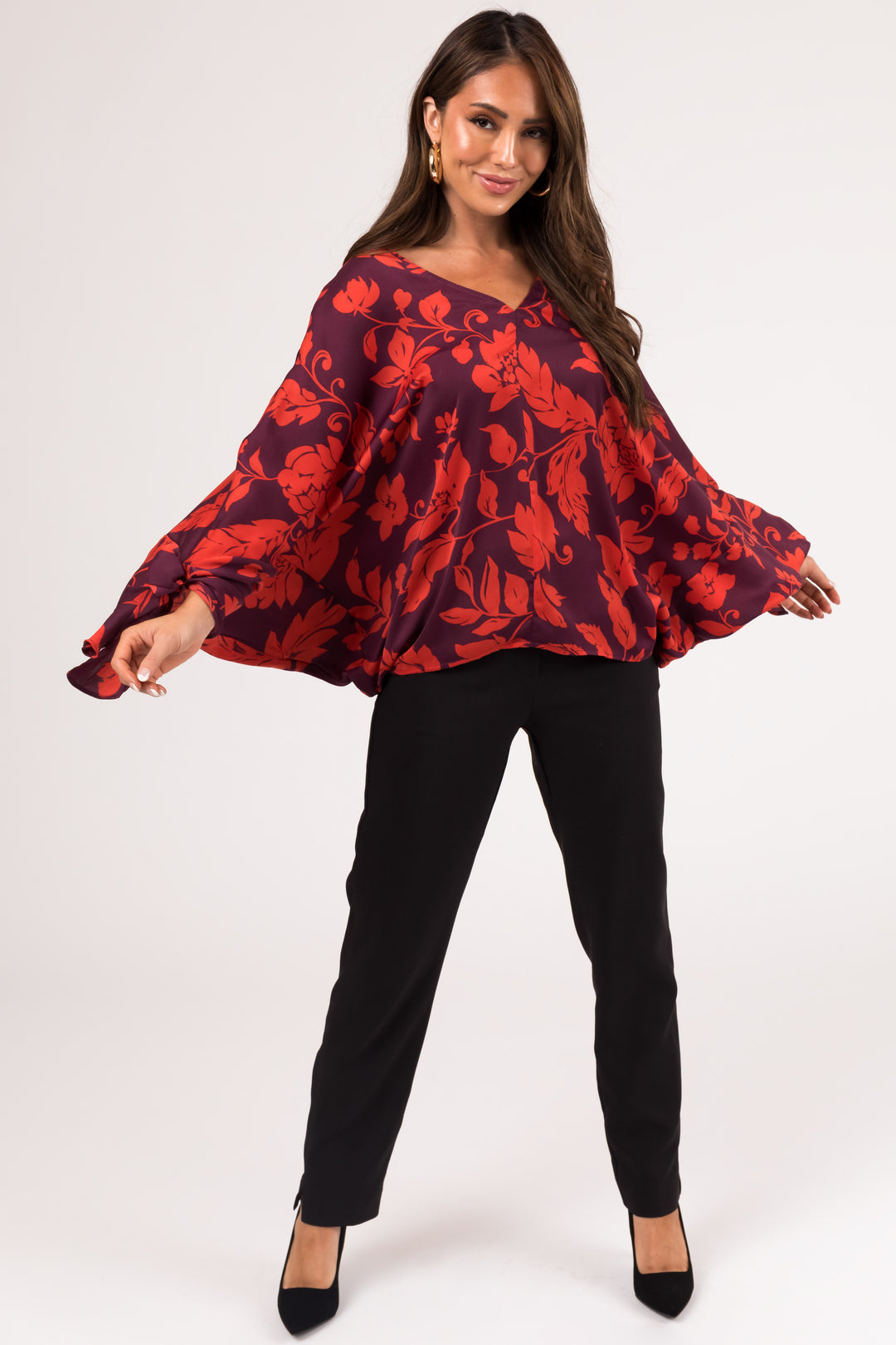 Eggplant and Scarlet Floral Dolman Sleeve Satin Top & Lime Lush