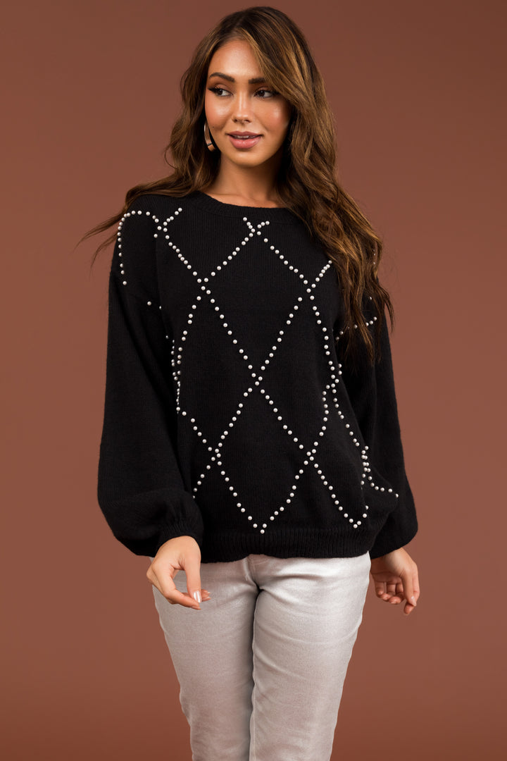 Ellie Black Diamond Pattern Pearl Beaded Sweater