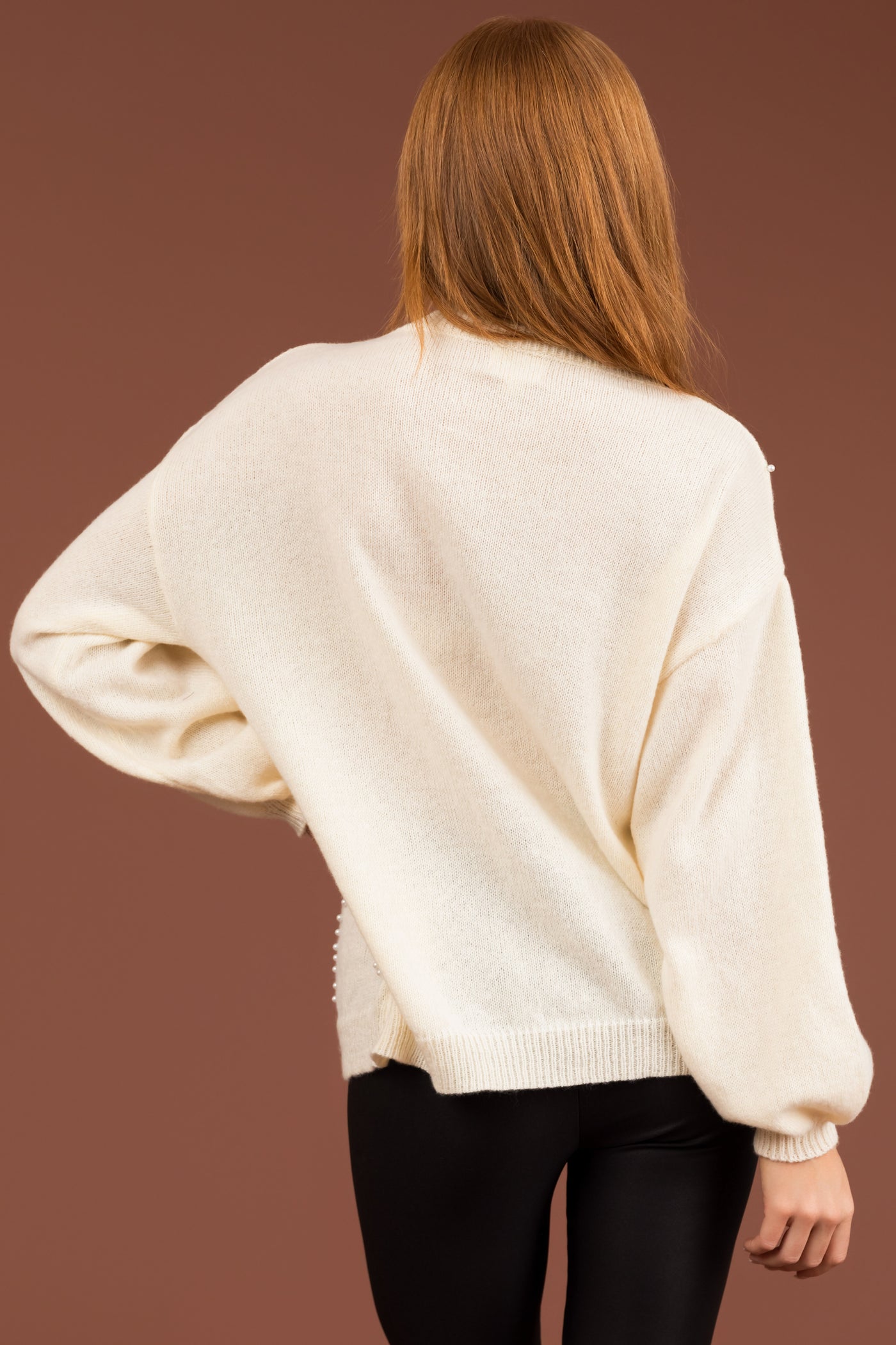 Ellie Cream Diamond Pattern Pearl Beaded Sweater
