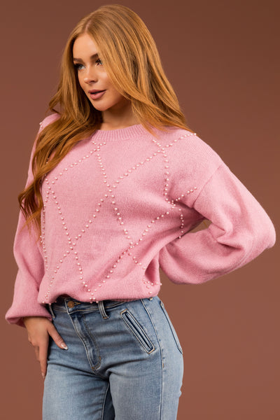 Ellie Hazy Mauve Diamond Pattern Pearl Beaded Sweater