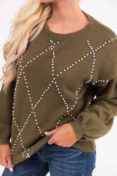 Ellie Olive Diamond Pattern Pearl Beaded Sweater