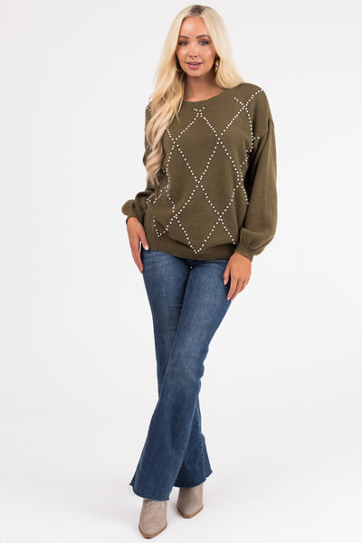 Ellie Olive Diamond Pattern Pearl Beaded Sweater