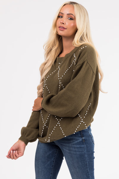 Ellie Olive Diamond Pattern Pearl Beaded Sweater
