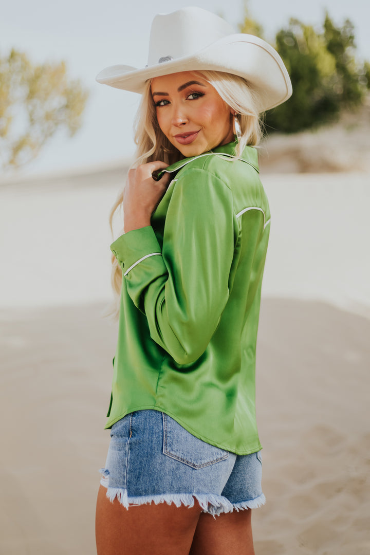 Emerald Green Long Sleeve Collared Button Up Satin Top