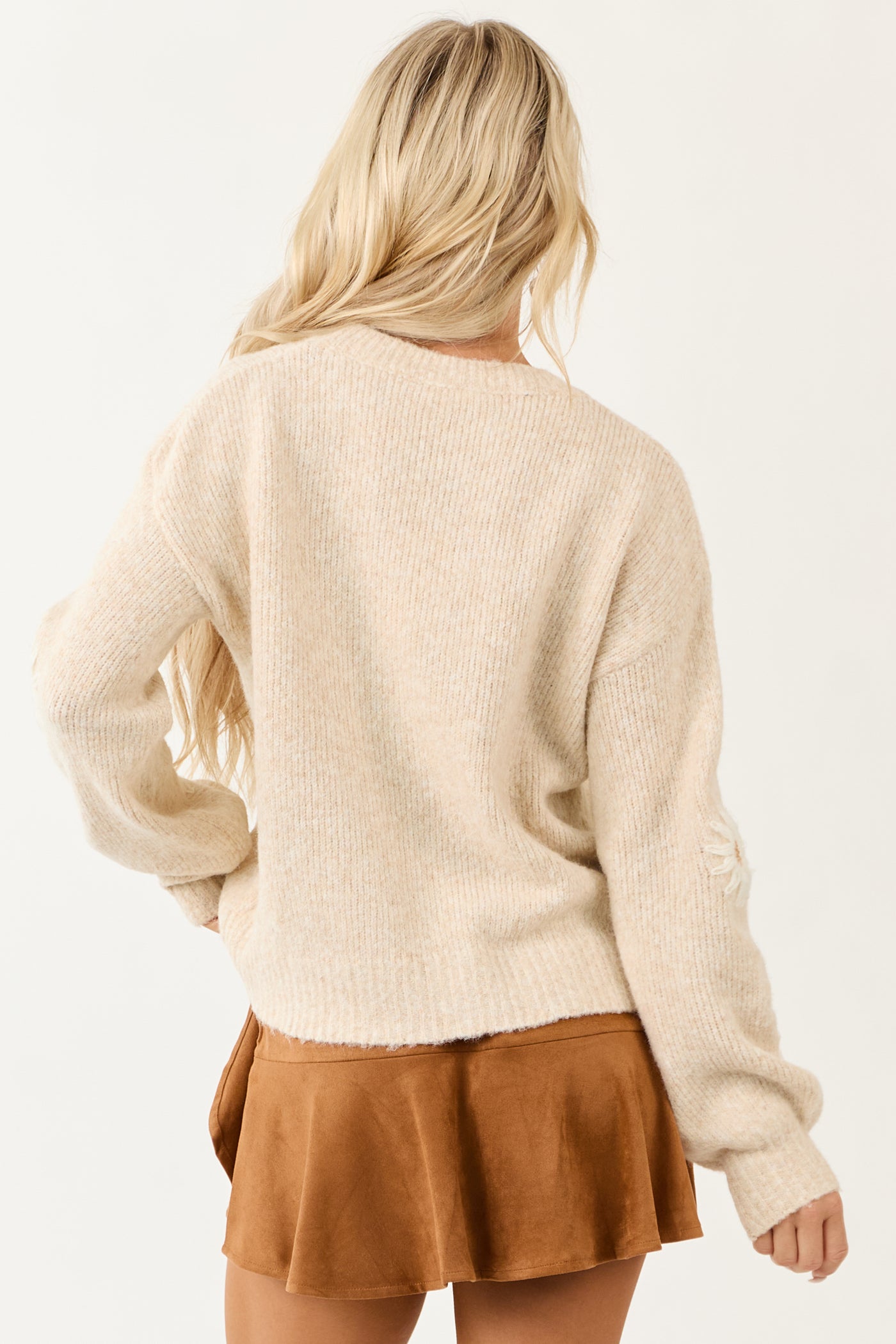 Entro Almond Daisy Embroidery Wool Blend Sweater