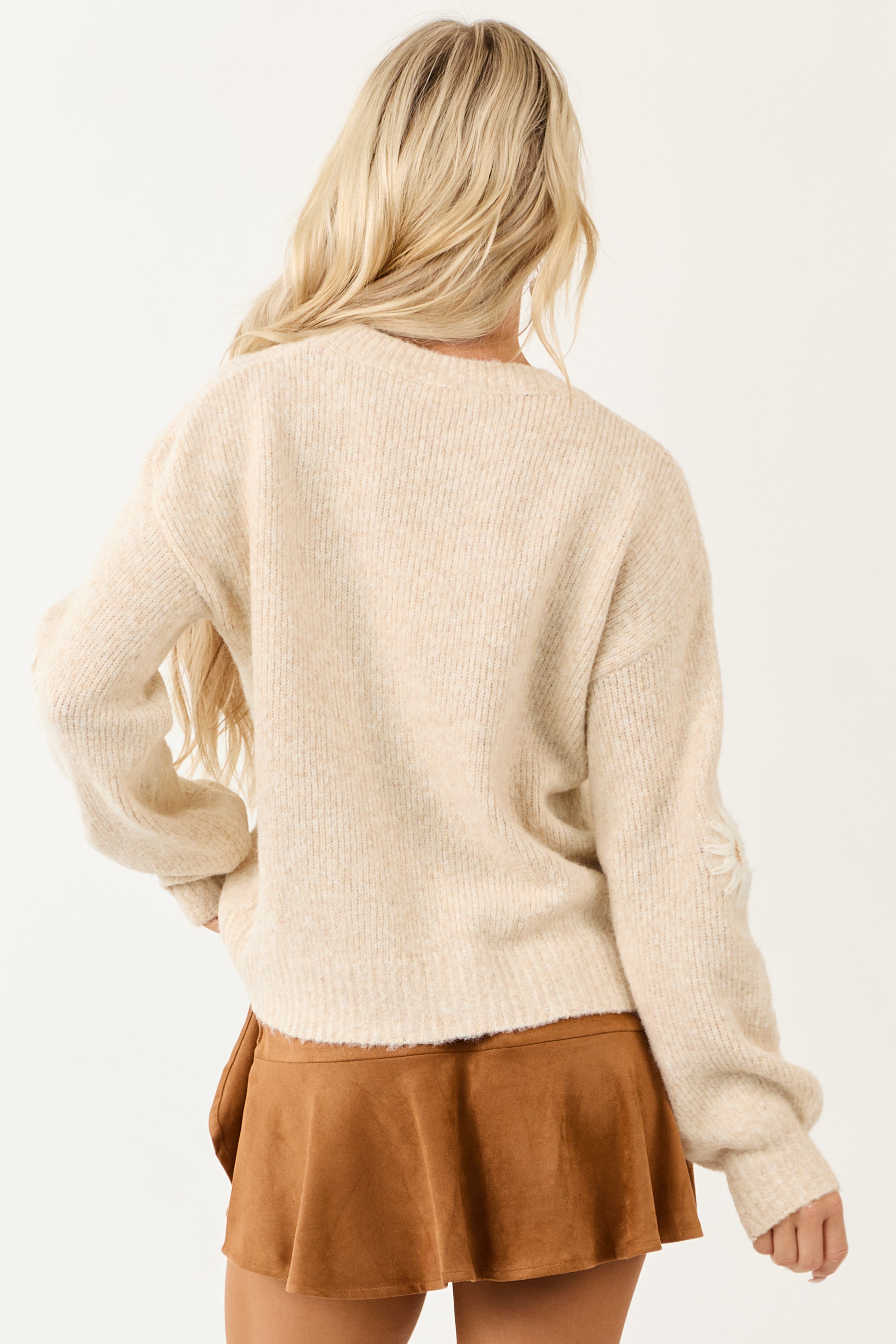 Entro Almond Daisy Embroidery Wool Blend Sweater