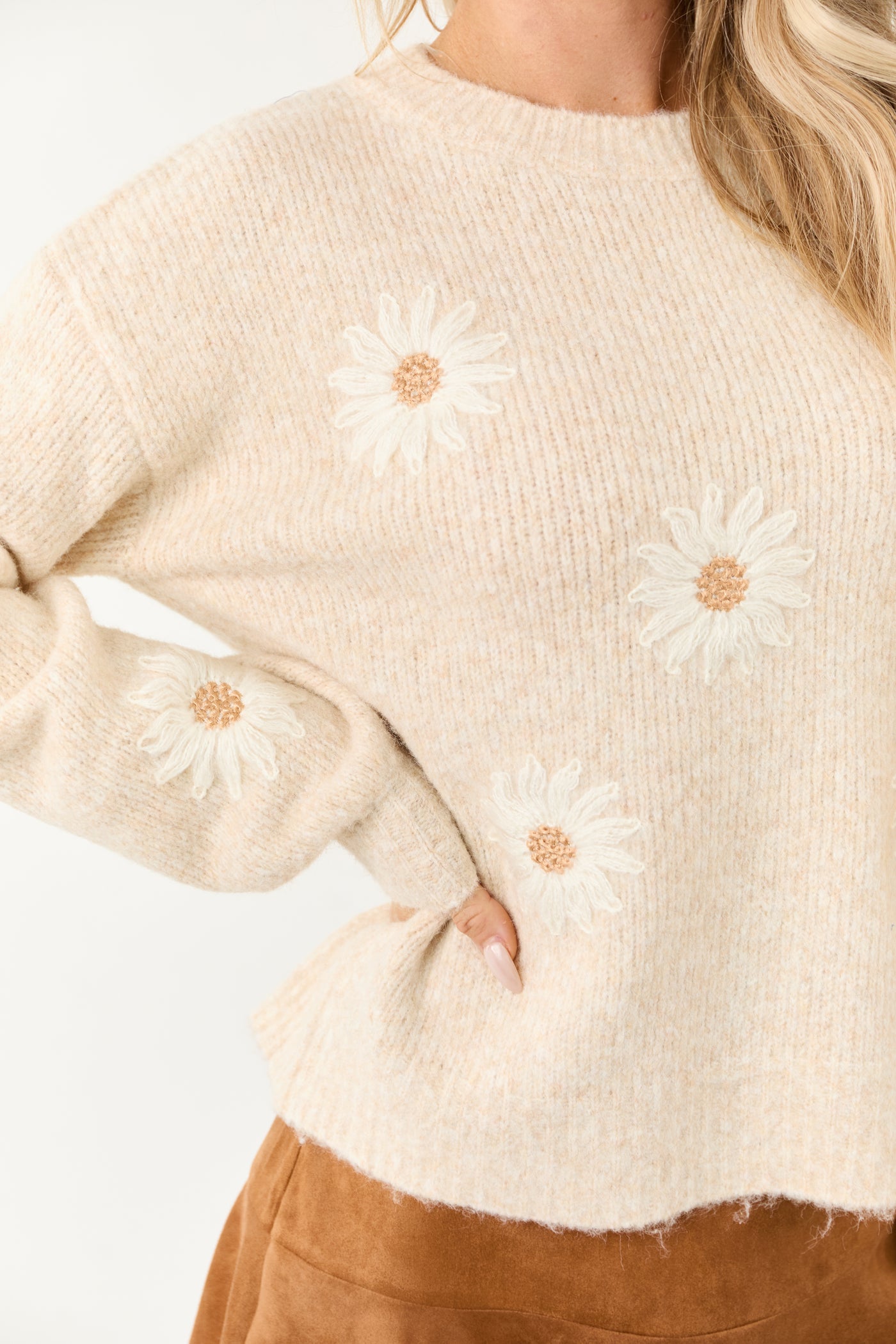 Entro Almond Daisy Embroidery Wool Blend Sweater