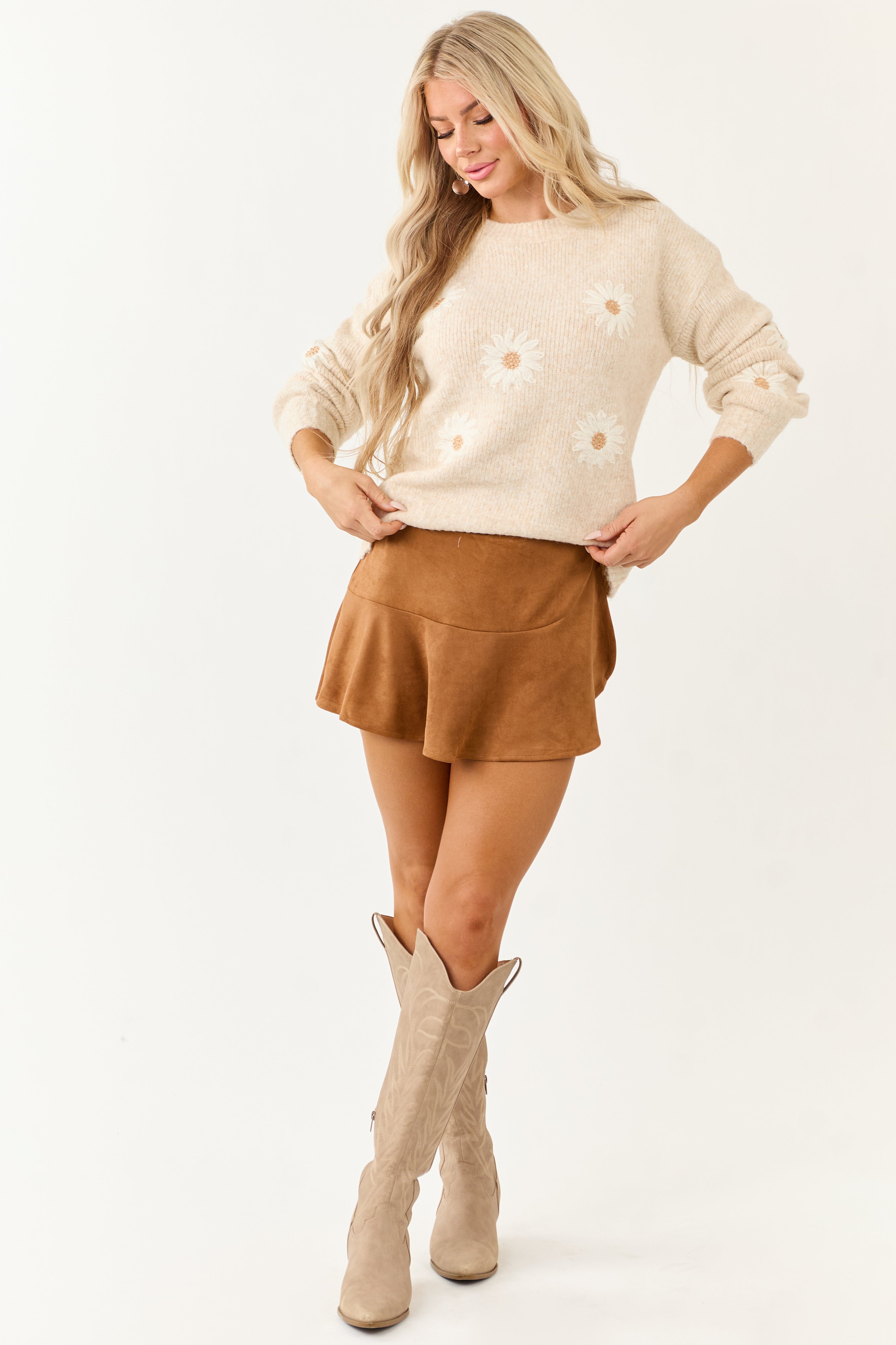 Entro Almond Daisy Embroidery Wool Blend Sweater