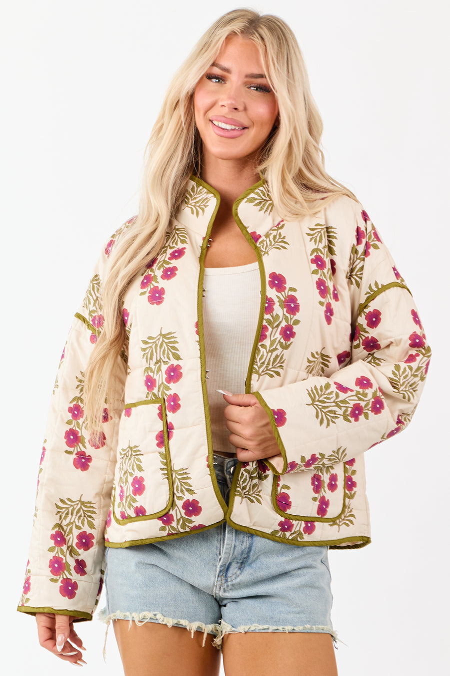 Entro Almond Floral Print Quilt Puff Cotton Jacket