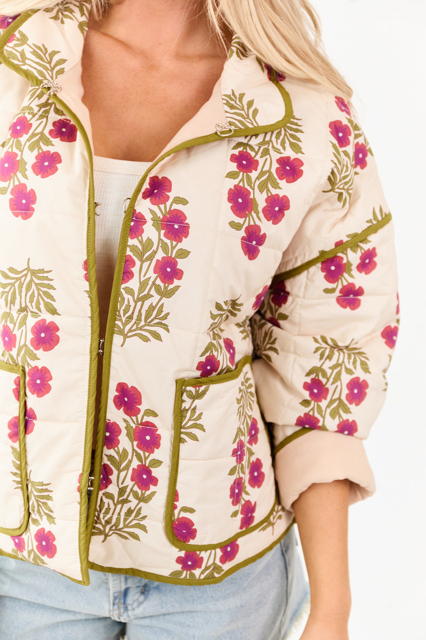 Entro Almond Floral Print Quilt Puff Cotton Jacket
