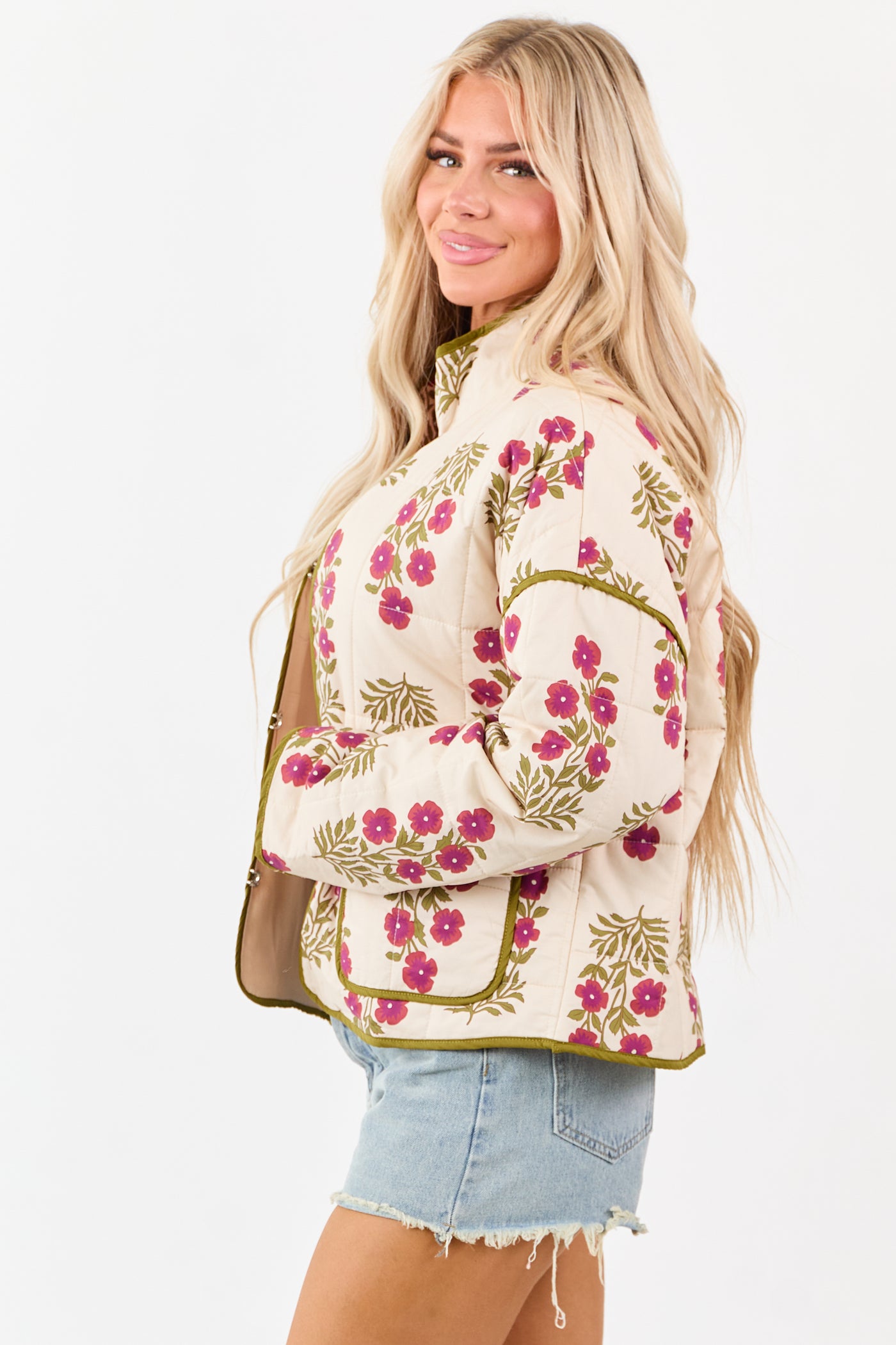 Entro Almond Floral Print Quilt Puff Cotton Jacket