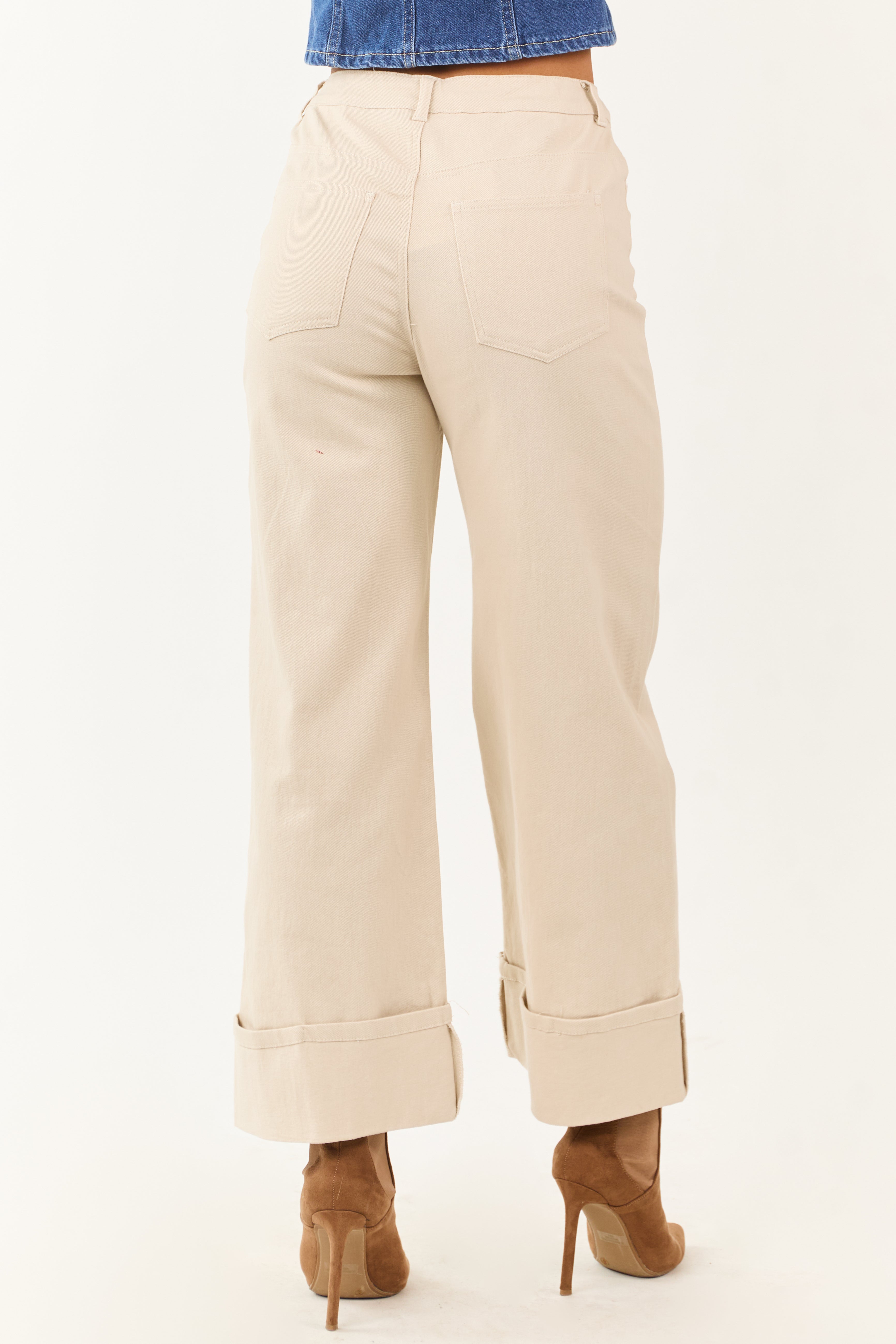Entro Almond High Rise Cuffed Wide Leg Stretchy Jeans