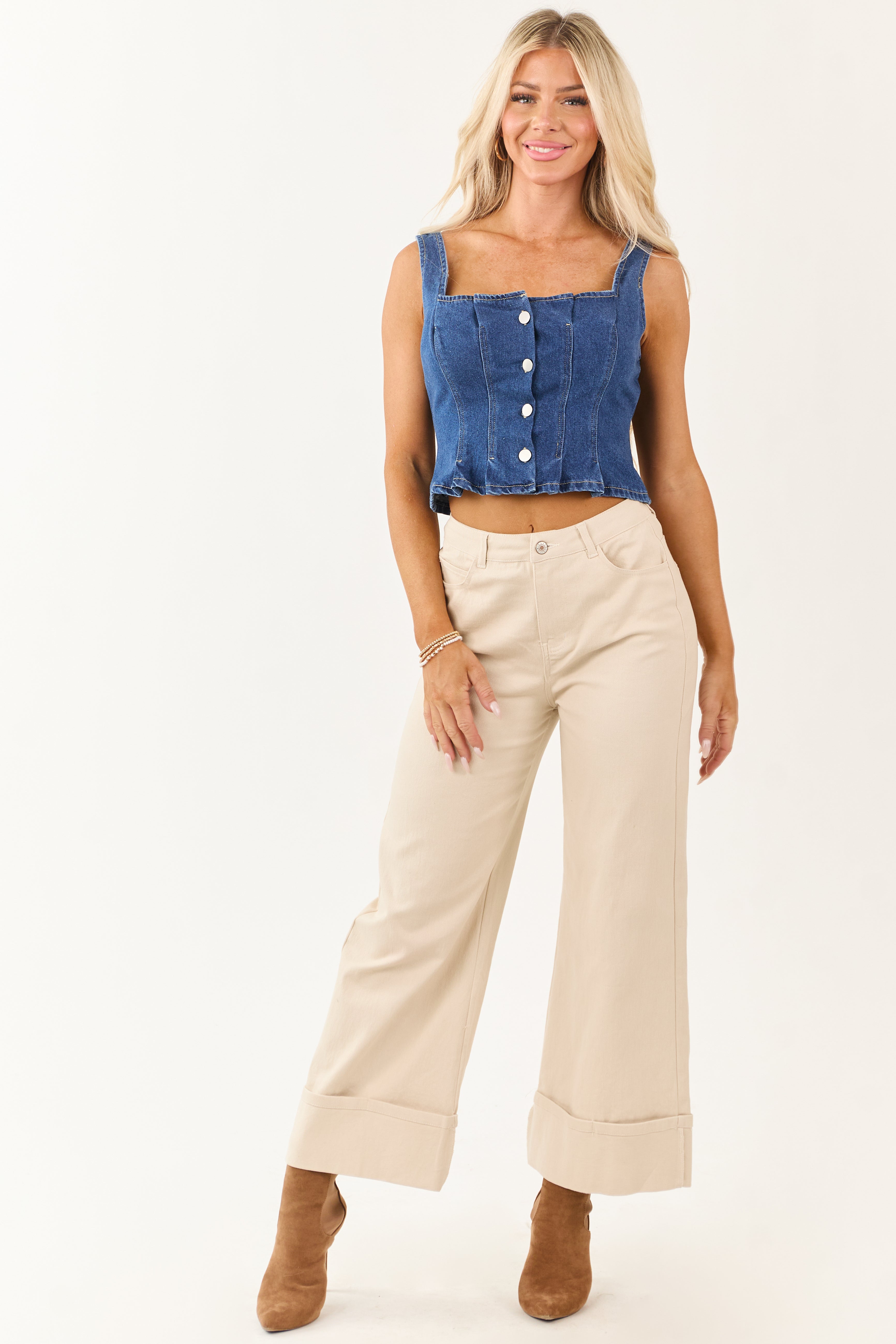 Entro Almond High Rise Cuffed Wide Leg Stretchy Jeans